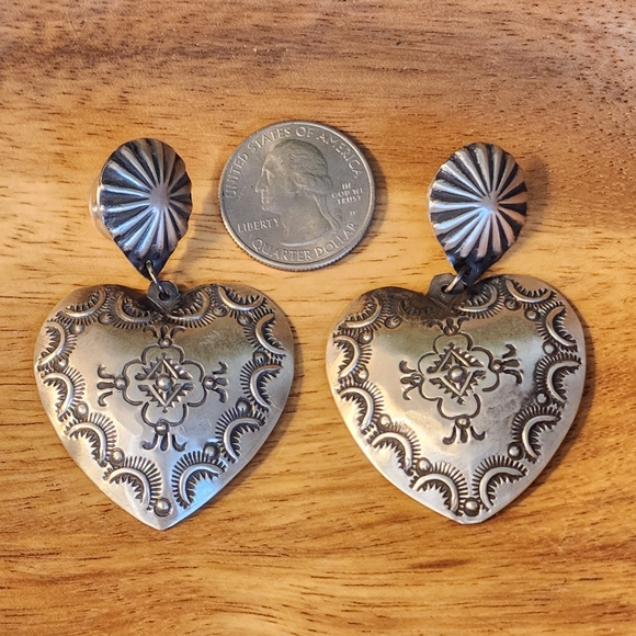 Navajo Vincent Joe Platero, Sterling Silver Stamped Heart Earrings - Picture 9 of 14